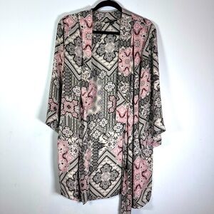 Tahari Pink and Grey Medallion Pattern Lightweight Kimono Style Duster Size M